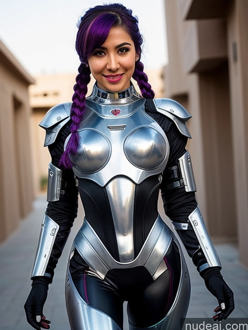 ai nude image of araffe dressed in a silver and black suit and purple hair pics of 30s Space Suit Sci-fi Armor Perfect Boobs Small Tits Perfect Body Serious Cyborg Ahegao Happy Purple Hair Arabic Pigtails Spreading Legs