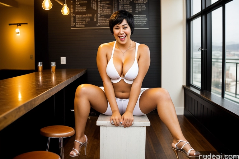 ai nude image of there is a woman sitting on a stool in a white bra pics of Woman One Big Ass Fat 18 Happy Sexy Face Black Hair Short Hair Black Black And White Bar Side View Blowjob Nude Cosplay Cleavage Beer Bright Lighting Alternative