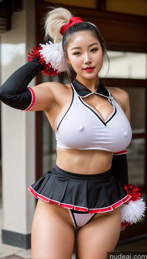 ai nude image of there is a woman in a cheerleader outfit posing for a picture pics of Several Busty Huge Boobs Beautiful Tattoos Lipstick Big Ass Skinny Big Hips Long Legs Short Perfect Body 18 Seductive White Hair Korean Cheerleader Microskirt Hair Bun