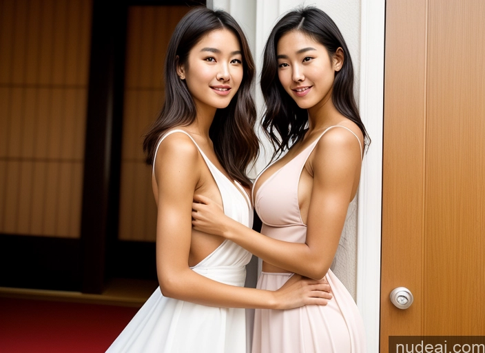 ai nude image of two women in dresses standing next to each other in front of a door pics of One Perfect Boobs Beautiful Small Tits Muscular Big Ass Abs Big Hips Long Legs Tall Perfect Body 18 Tanned Skin Happy Black Hair Straight Japanese On Back Miss Universe Model Back View Dress