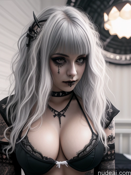 ai nude image of araffed woman with white hair and black makeup posing for a picture pics of Busty Perfect Boobs Close-up View Gothic Punk Girl Model Perfect Body Beautiful 18 White Hair Curly Hair Russian Bedroom Bikini