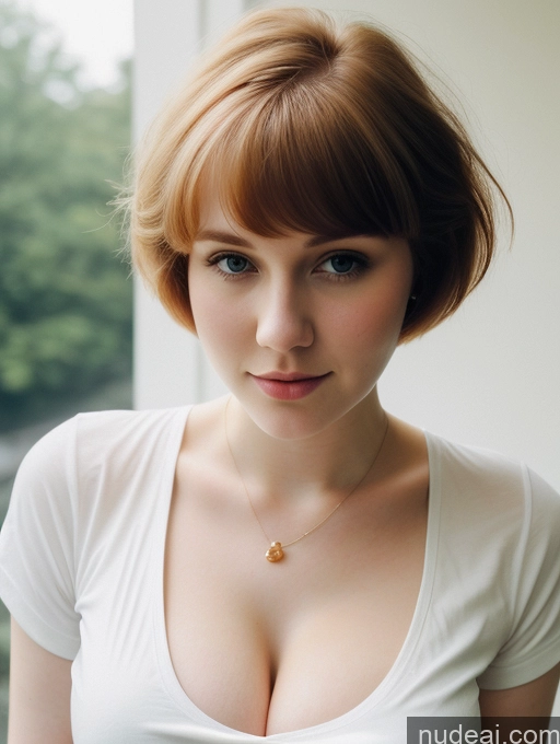 ai nude image of there is a woman with a necklace on her neck posing for a picture pics of Busty Perfect Boobs Beautiful Fairer Skin Thick 18 Ginger Russian Close-up View Shirt Short Hair