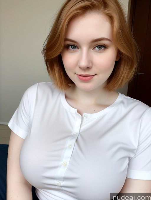 ai nude image of there is a woman with a white shirt and a red hair pics of Busty Perfect Boobs Beautiful Fairer Skin Thick 18 Ginger Russian Close-up View Shirt Bobcut