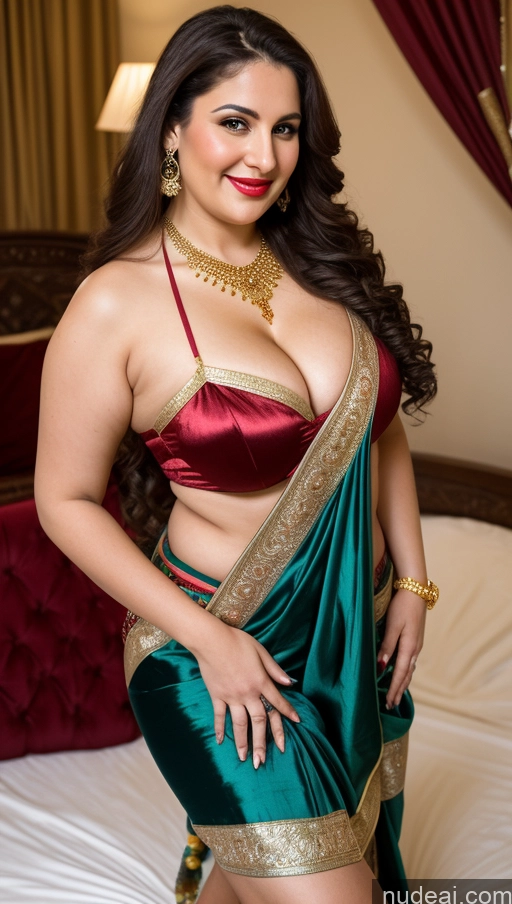 ai nude image of araffe woman in a green and red sari posing on a bed pics of Milf Busty Beautiful Lipstick Thick Big Hips Chubby Fat Fairer Skin 20s Happy Seductive Brunette Long Hair Russian Party Front View Straddling Sari Blouse Dirndl Victorian Cleavage Gold Jewelry