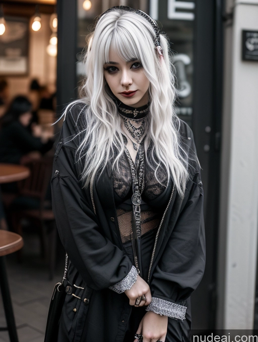 ai nude image of blond woman with long white hair and black outfit standing in front of a restaurant pics of Busty Perfect Boobs Close-up View Gothic Punk Girl Model Perfect Body Beautiful 18 White Hair Curly Hair Russian Cafe Casual