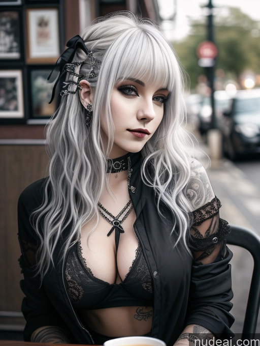 ai nude image of blond woman with long hair and piercings sitting at a table pics of Busty Perfect Boobs Close-up View Gothic Punk Girl Model Perfect Body Beautiful 18 White Hair Curly Hair Russian Cafe Casual