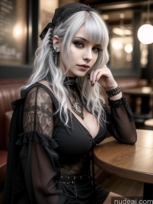 ai nude image of blond woman with long white hair sitting at a table in a restaurant pics of Busty Perfect Boobs Close-up View Gothic Punk Girl Model Perfect Body Beautiful 18 White Hair Curly Hair Russian Casual Restaurant