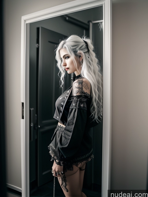 ai nude image of blond woman with white hair and black lingerie posing in front of a mirror pics of Busty Perfect Boobs Close-up View Gothic Punk Girl Model Perfect Body Beautiful 18 White Hair Curly Hair Russian Casual Mirror Selfie Bathroom