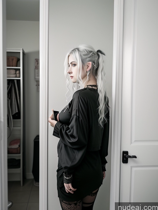 ai nude image of blond woman with white hair and black top standing in front of a mirror pics of Busty Perfect Boobs Close-up View Gothic Punk Girl Model Perfect Body Beautiful 18 White Hair Curly Hair Russian Casual Mirror Selfie Bathroom