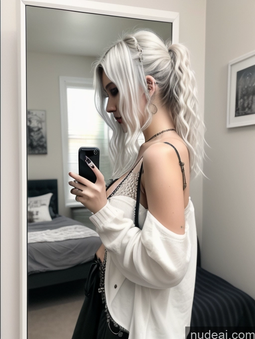 ai nude image of blond woman with white hair looking at her cell phone in a mirror pics of Busty Perfect Boobs Close-up View Gothic Punk Girl Model Perfect Body Beautiful 18 White Hair Curly Hair Russian Casual Mirror Selfie Bedroom