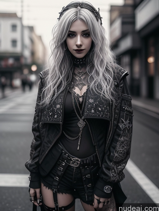 ai nude image of blond woman with long hair and piercings posing in the street pics of Busty Perfect Boobs Close-up View Gothic Punk Girl Model Perfect Body Beautiful 18 White Hair Curly Hair Russian Casual Stargazing