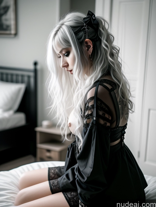 ai nude image of blond woman with long white hair sitting on a bed in a black dress pics of Busty Perfect Boobs Close-up View Gothic Punk Girl Model Perfect Body Beautiful 18 White Hair Curly Hair Russian Casual Mirror Selfie Bedroom