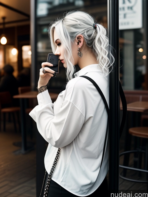 ai nude image of blond woman with white hair and black purse looking at her phone pics of Busty Perfect Boobs Close-up View Gothic Punk Girl Model Perfect Body Beautiful 18 White Hair Curly Hair Russian Casual Mirror Selfie Cafe