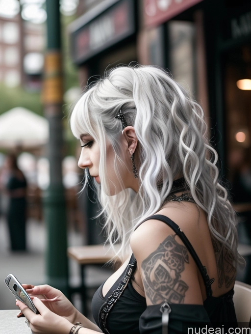 ai nude image of blonde woman with tattoos on her arm looking at her cell phone pics of Busty Perfect Boobs Close-up View Gothic Punk Girl Model Perfect Body Beautiful 18 White Hair Curly Hair Russian Casual Mirror Selfie Restaurant