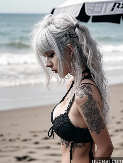 ai nude image of blond woman with tattoos on her arms and chest on the beach pics of Busty Perfect Boobs Close-up View Gothic Punk Girl Model Perfect Body Beautiful 18 White Hair Curly Hair Russian Bikini Beach