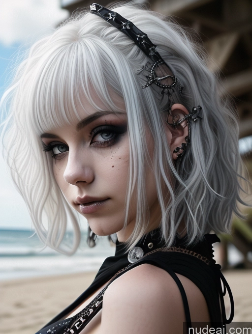 ai nude image of blond woman with white hair and piercings on beach near water pics of Busty Perfect Boobs Close-up View Gothic Punk Girl Model Perfect Body Beautiful 18 White Hair Curly Hair Russian Bikini Beach