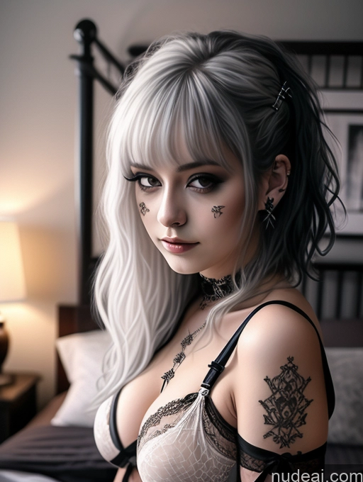 ai nude image of blond woman with tattoos on her chest and chest pics of Busty Perfect Boobs Close-up View Gothic Punk Girl Model Perfect Body Beautiful 18 White Hair Curly Hair Russian Bedroom Lingerie