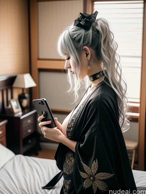 ai nude image of blonde woman with blue hair and black dress looking at her cell phone pics of Busty Perfect Boobs Close-up View Gothic Punk Girl Model Perfect Body Beautiful 18 White Hair Curly Hair Russian Bedroom Kimono Mirror Selfie