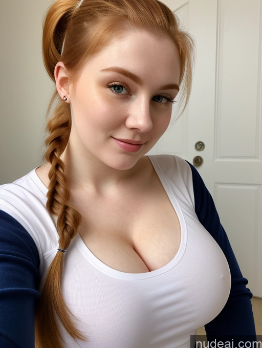 ai nude image of there is a woman with a braid in her hair posing for a picture pics of Busty Perfect Boobs Beautiful Fairer Skin Thick 18 Ginger Russian Close-up View Shirt Ponytail