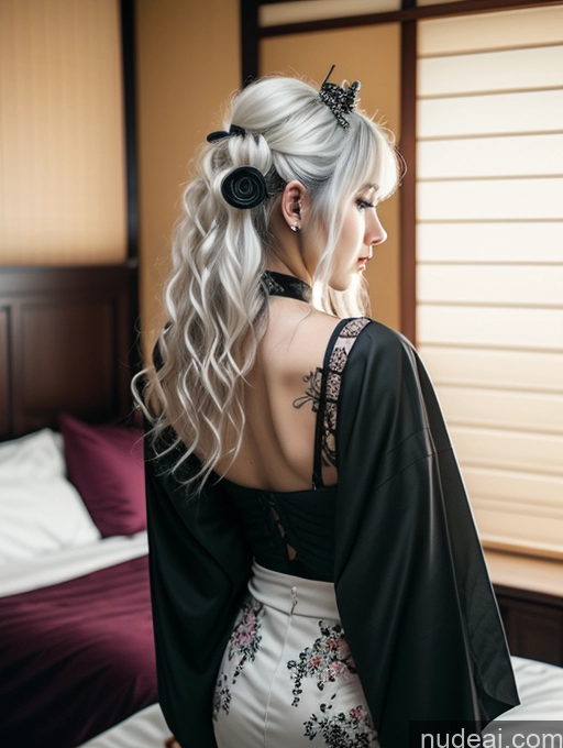 ai nude image of blond woman with long hair in a black top and white pants pics of Busty Perfect Boobs Close-up View Gothic Punk Girl Model Perfect Body Beautiful 18 White Hair Curly Hair Russian Bedroom Kimono Mirror Selfie