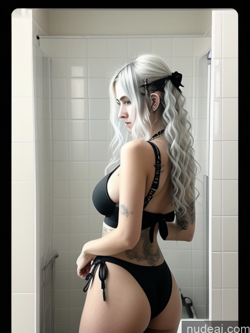 ai nude image of there is a woman in a black bikini and a black bow pics of Busty Perfect Boobs Close-up View Gothic Punk Girl Model Perfect Body Beautiful 18 White Hair Curly Hair Russian Bathroom Mirror Selfie Bikini