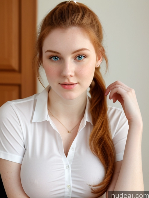 ai nude image of there is a woman with a white shirt and a red hair pics of Busty Perfect Boobs Beautiful Fairer Skin Thick 18 Ginger Russian Close-up View Shirt Ponytail