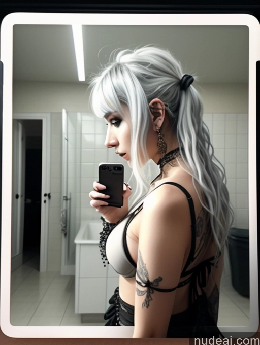 ai nude image of there is a woman with white hair taking a selfie in a bathroom pics of Busty Perfect Boobs Close-up View Gothic Punk Girl Model Perfect Body Beautiful 18 White Hair Curly Hair Russian Bathroom Mirror Selfie Bikini