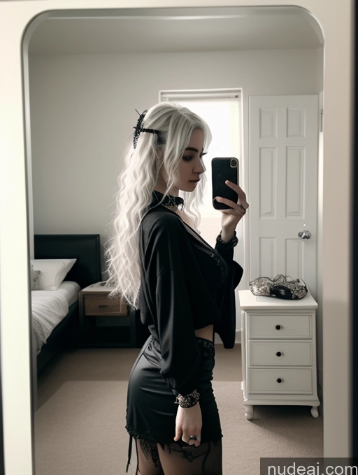 ai nude image of blond woman in black outfit taking a selfie in mirror pics of Busty Perfect Boobs Close-up View Gothic Punk Girl Model Perfect Body Beautiful 18 White Hair Curly Hair Russian Mirror Selfie Casual Bedroom