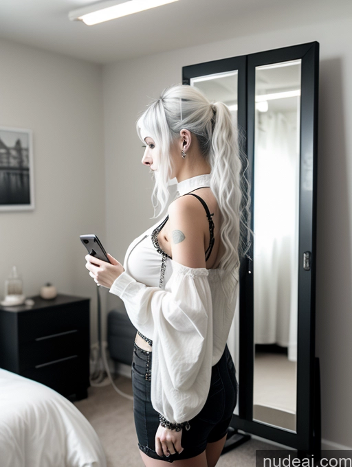 ai nude image of there is a woman standing in a room with a cell phone pics of Busty Perfect Boobs Close-up View Gothic Punk Girl Model Perfect Body Beautiful 18 White Hair Curly Hair Russian Mirror Selfie Casual Bedroom