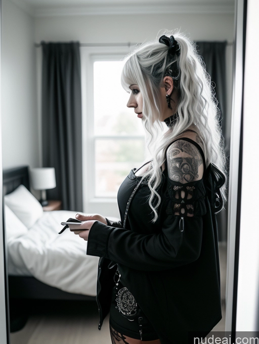 ai nude image of blond woman with white hair and tattoos looking at her cell phone pics of Busty Perfect Boobs Close-up View Gothic Punk Girl Model Perfect Body Beautiful 18 White Hair Curly Hair Russian Mirror Selfie Casual Bedroom