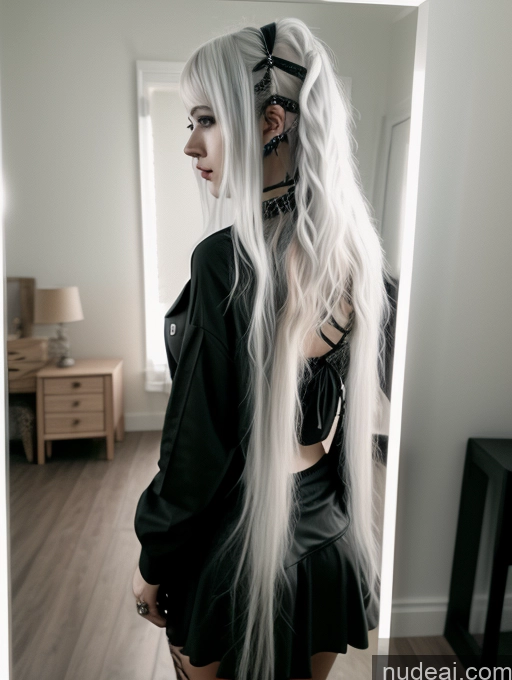 ai nude image of blond woman with long white hair and black outfit looking in mirror pics of Busty Perfect Boobs Close-up View Gothic Punk Girl Model Perfect Body Beautiful 18 White Hair Curly Hair Russian Mirror Selfie Casual Bedroom