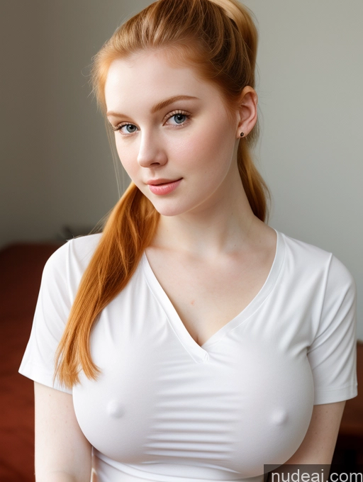 ai nude image of there is a woman with a white shirt and red hair pics of Busty Perfect Boobs Beautiful Fairer Skin Thick 18 Ginger Russian Close-up View Shirt Ponytail