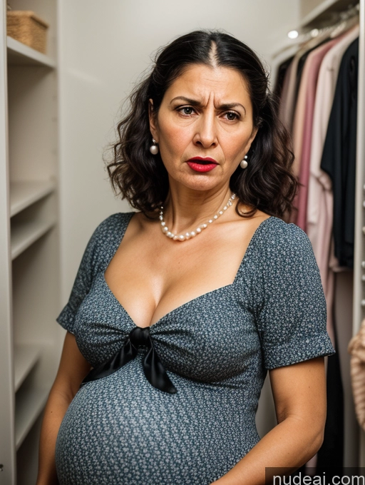 ai nude image of pregnant woman in a closet with a lot of clothes on the shelves pics of Woman Pregnant Long Legs Short 80s Shocked Black Hair Jewish Film Photo Changing Room Front View Dress Victorian Pearl Jewelry Bright Lighting Lipstick Bows Skinny Busty Angry