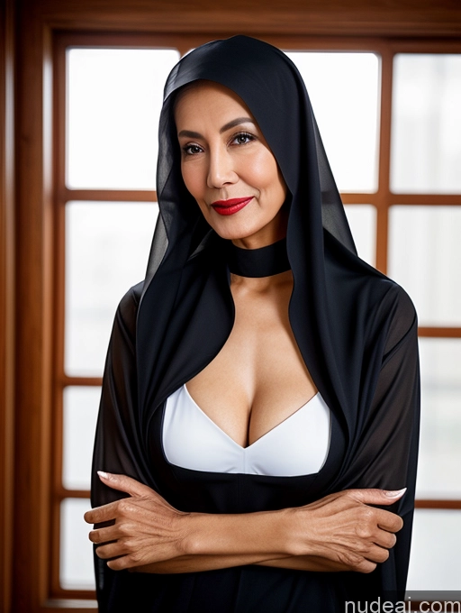 ai nude image of woman in black nun costume posing for a picture in front of a window pics of Model Beautiful Lipstick Skinny Long Hair Asian Cleavage 70s Nun