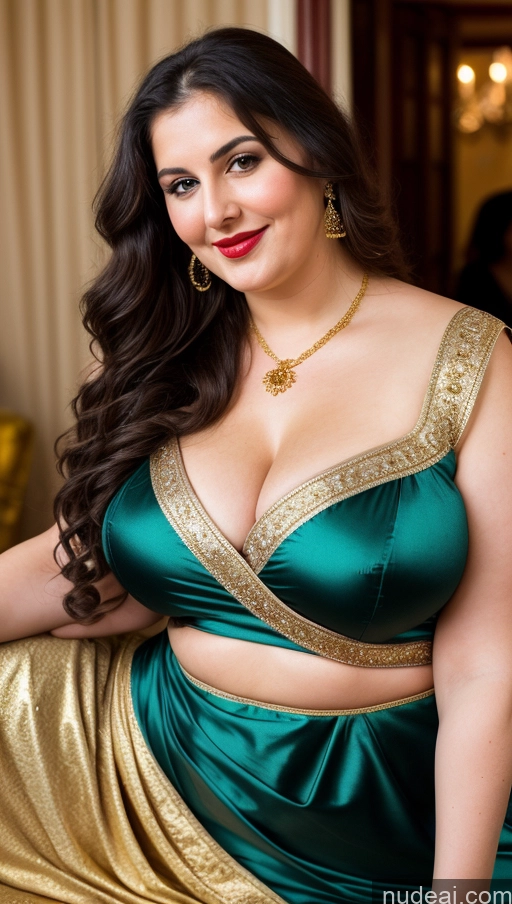 ai nude image of araffe woman in a green and gold dress posing for a picture pics of Milf Busty Beautiful Lipstick Thick Big Hips Chubby Fat Fairer Skin 20s Happy Seductive Brunette Long Hair Russian Party Front View Straddling Sari Blouse Dirndl Victorian Cleavage Gold Jewelry