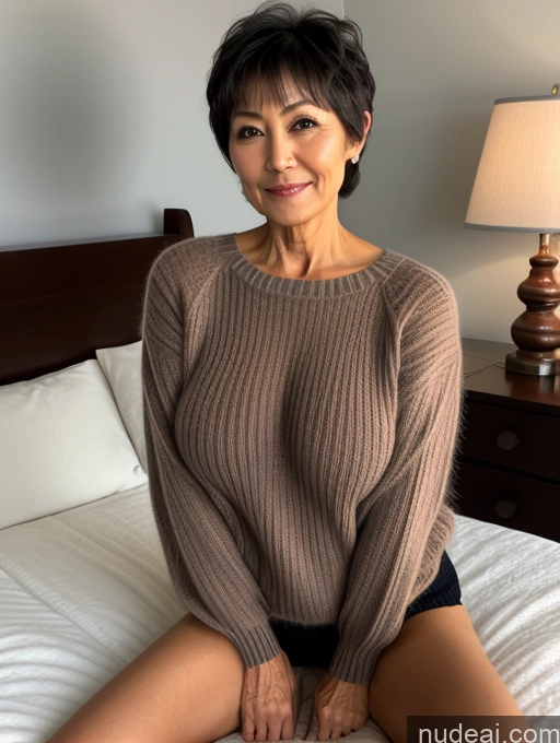 ai nude image of arafed woman sitting on a bed with a lamp on a nightstand pics of Milf One Perfect Boobs Beautiful Perfect Body Pubic Hair 60s Pixie Japanese Bedroom Spreading Legs Sweater Dark Lighting