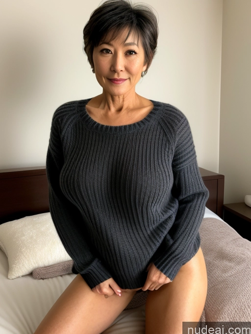 ai nude image of there is a woman sitting on a bed with a sweater on pics of Milf One Perfect Boobs Beautiful Perfect Body Pubic Hair 60s Pixie Japanese Bedroom Spreading Legs Sweater Dark Lighting