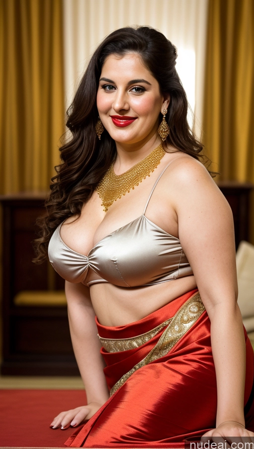 ai nude image of araffe woman in a red and gold sari posing for a picture pics of Milf Busty Beautiful Lipstick Thick Big Hips Chubby Fat Fairer Skin 20s Happy Seductive Brunette Long Hair Russian Party Front View Straddling Sari Blouse Dirndl Victorian Cleavage Gold Jewelry