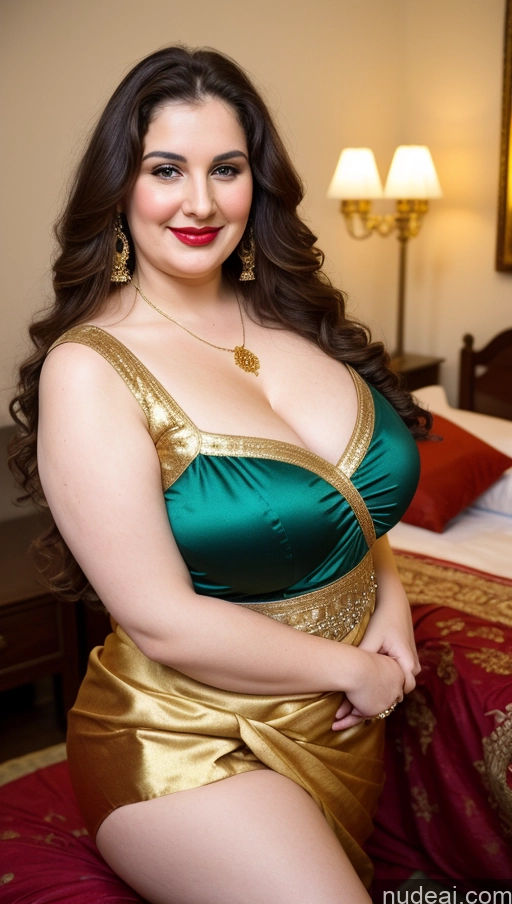 ai nude image of araffe woman in a green and gold dress posing for a picture pics of Milf Busty Beautiful Lipstick Thick Big Hips Chubby Fat Fairer Skin 20s Happy Seductive Brunette Long Hair Russian Party Front View Straddling Sari Blouse Dirndl Victorian Cleavage Gold Jewelry