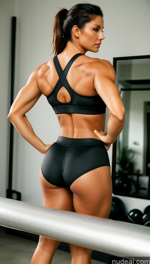 ai nude image of arafed woman in a black bikini and black panties standing in a gym pics of One Busty Perfect Boobs Beautiful Muscular Big Ass Abs Big Hips Perfect Body Film Photo Sports Bra Sexy Face Back View Spandex Model