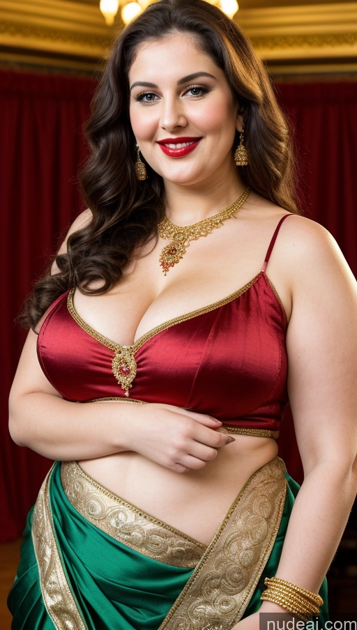 ai nude image of araffe woman in a red and green sari posing for a picture pics of Milf Busty Beautiful Lipstick Thick Chubby Big Hips Fat Fairer Skin 20s Happy Seductive Brunette Long Hair Russian Party Front View Straddling Victorian Cleavage Gold Jewelry Sari Dirndl Blouse