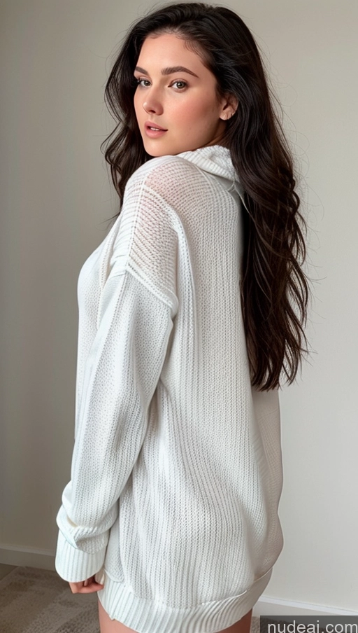 ai nude image of arafed woman in a white sweater and shorts posing for a picture pics of Perfect Boobs Beautiful Thick Fairer Skin 18 Russian Long Hair Black Hair One Model Close-up View Oversized Sweater/Hoodie Sweater