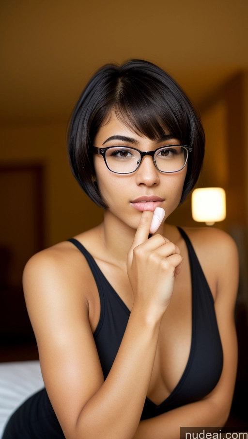 ai nude image of there is a woman with glasses and a black top posing for a picture pics of One Beautiful 18 Sexy Face Black Hair Short Hair Latina Skin Detail (beta) Athlete Party Glasses Casual Serious Seductive Front View