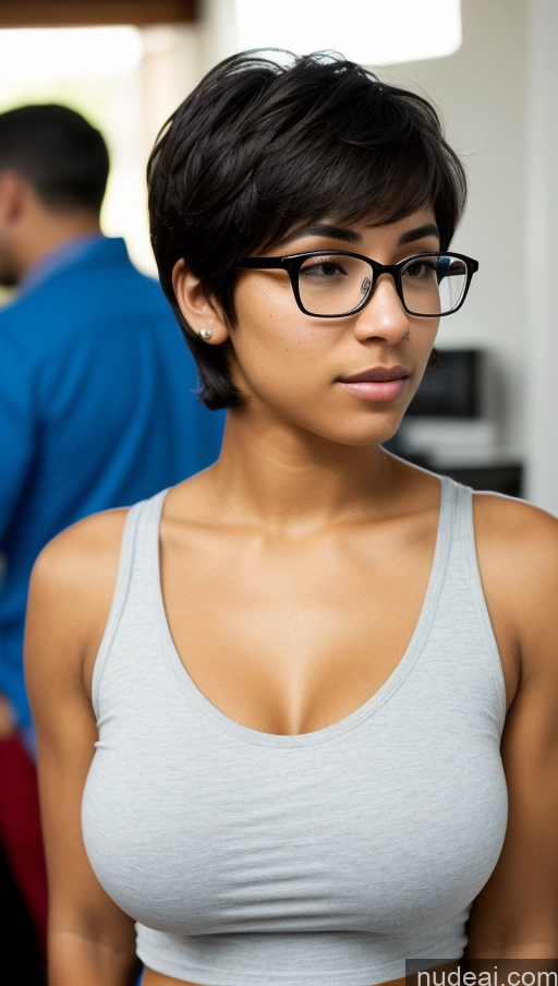 ai nude image of there is a woman with glasses standing in a room pics of One Beautiful 18 Black Hair Short Hair Latina Skin Detail (beta) Athlete Party Casual Serious Front View Blouse Glasses Huge Boobs