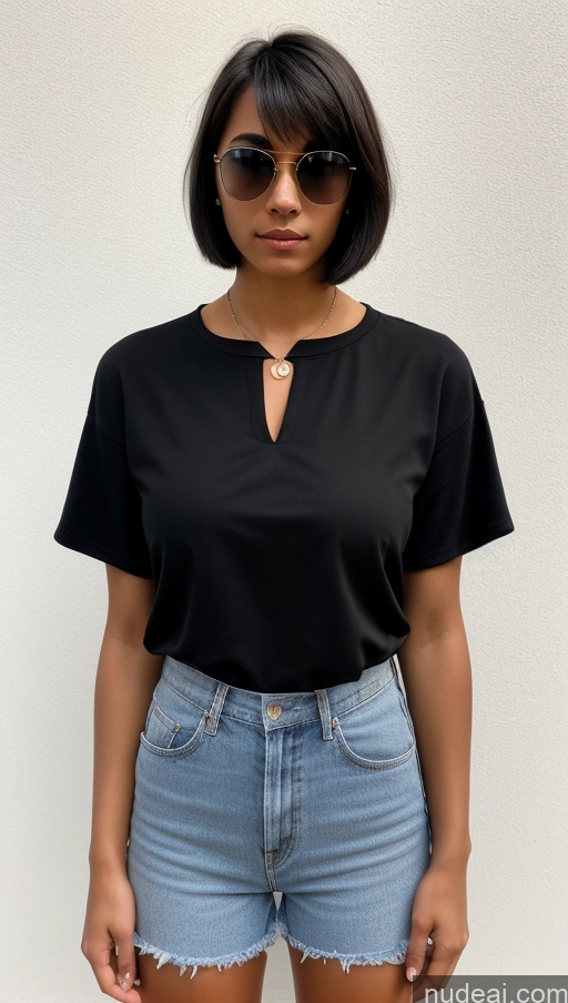 ai nude image of a woman wearing a black top and denim shorts standing in front of a white wall pics of One Beautiful 18 Black Hair Short Hair Skin Detail (beta) Athlete Party Casual Serious Front View Blouse Huge Boobs Sunglasses Native American