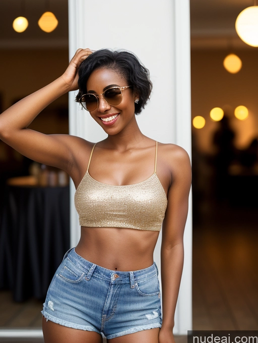 ai nude image of there is a woman in a gold top and denim shorts pics of Woman One Beautiful Sunglasses Small Ass Perfect Body Tanned Skin 20s Happy Black Hair Pixie African Skin Detail (beta) Party Front View Jeans