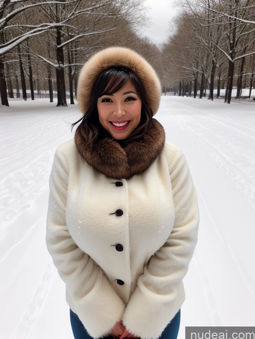 ai nude image of arafed woman in a white coat and a fur collar standing in the snow pics of 20s Woman Laughing Busty Happy Beautiful Asian Huge Boobs Skinny Brunette Bobcut Snow Fur