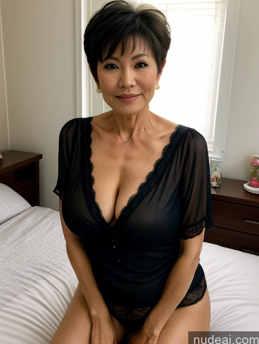 ai nude image of there is a woman in a black lingerie sitting on a bed pics of Milf Perfect Boobs Small Tits Beautiful Perfect Body Pubic Hair 60s Pixie Asian Bedroom Dark Lighting Blouse