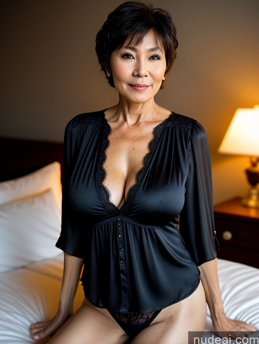 ai nude image of there is a woman in a black lingerie sitting on a bed pics of Milf Perfect Boobs Small Tits Beautiful Perfect Body Pubic Hair 60s Pixie Asian Bedroom Dark Lighting Blouse