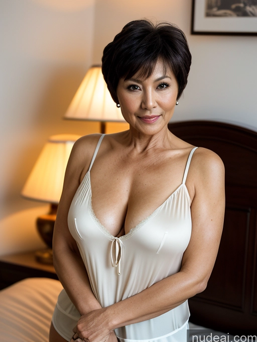 ai nude image of there is a woman in a white dress posing on a bed pics of Milf Perfect Boobs Small Tits Beautiful Perfect Body Pubic Hair 60s Pixie Asian Bedroom Dark Lighting Blouse